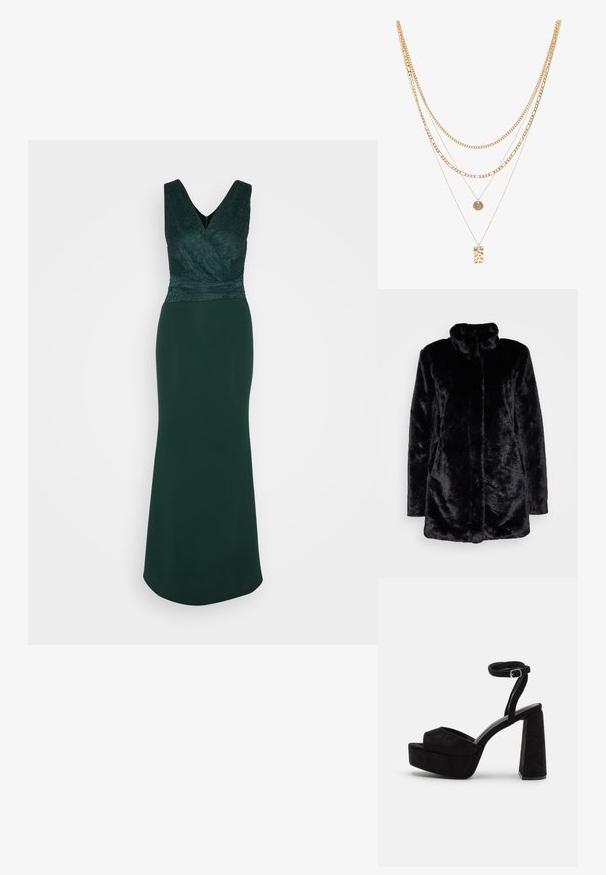 Zwarte nepbontjas met een hoge kraag, zachte textuur, lange mouwen en een open voorkant. Geen zichtbare sluitingen.; WAL G. BONNIE DRESS - Jerseyjurk - forest green; Zwarte platform sandalen met een suède textuur, brede voorkantstrap, enkelschoen met gesp en chunky blokhak. Strak en modern ontwerp.; Gouden multi-laags halsketting met verschillende kettingstijlen, waaronder chunky schakels en fijne kettingen, met ronde en rechthoekige hangers.
