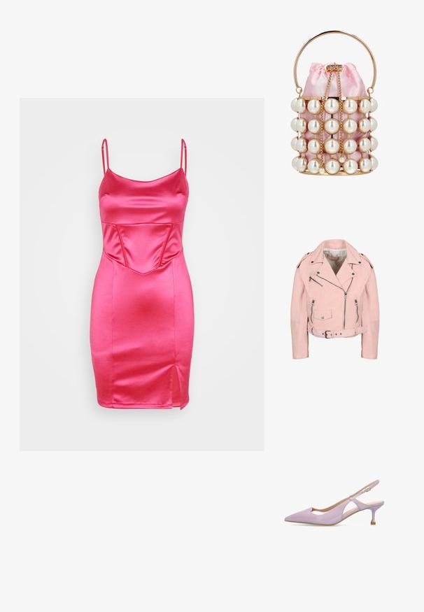 Lyserød kort bikerjakke med sølv lynlåse, trykknapper, bælte i taljen og skulderepauletter.; WAL G. CALEB CORSET MINI - Cocktailkjole / festkjole - fuchsia; Syrenlilla pumps i laklæder med slingback, spids tå, justerbar spænde og slank mellemhøj stilethælk med metallisk detalje.; Lille lyserød satin spandtaske med guldfarvet ramme, store falske perler, guldkæde snørebånd og rundt guldhåndtag.