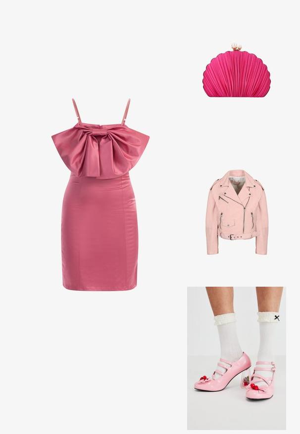 Hellrosa kurz geschnittene Bikerjacke mit silbernen Reißverschlüssen, Druckknöpfen, Gürtel in der Taille und Schulterpatten.; Rosa Satin-Kleid mit einem gerafften, strukturierten Oberteil und verstellbaren Trägern. Enganliegend mit einer glatten Textur und einem geraden Saum.; Rosa Lacklederabsätze mit abgerundetem Zeh, drei Riemen und Kirschverzierungen. Transparenter Blockabsatz mit floralen Akzenten. Weiße gerippte Socken.; Knallpinke, muschelförmige Clutch mit plissierter Textur und goldenem Verschluss, besetzt mit zwei perlenartigen Perlen.