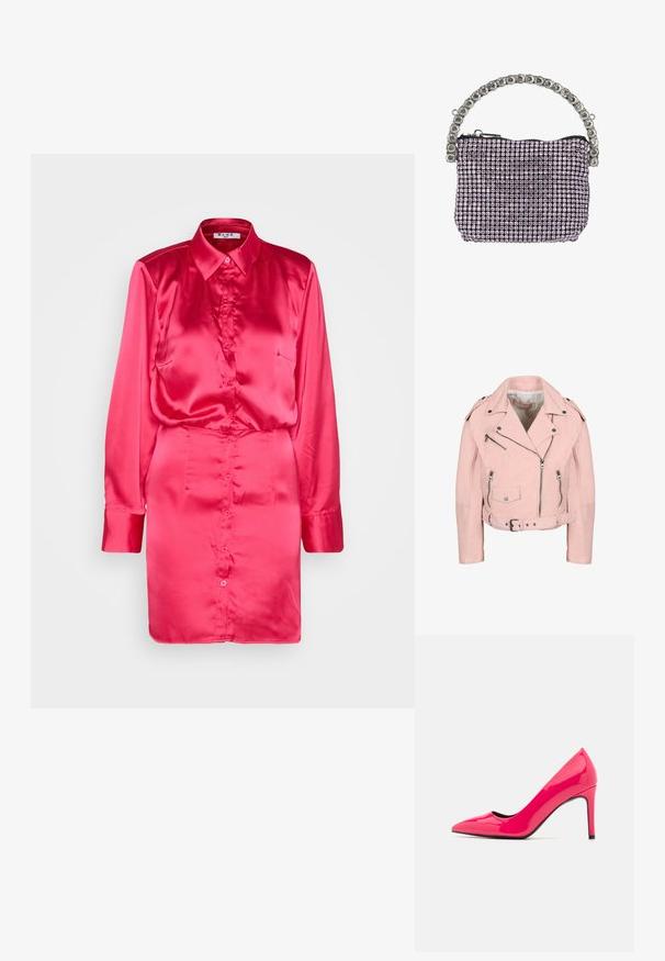 Chaqueta biker corta de color rosa claro con cremalleras plateadas, botones de presión, cinturón en la cintura y hombreras.; NA-KD SHIRT MINI DRESS - Vestido camisero - pink; Zapato de tacón alto de charol rosa brillante con punta afilada y silueta elegante, que cuenta con un delgado tacón de aguja y un interior negro.; Pequeño bolso de noche rectangular cubierto de pedrería morada con un asa adornada con pedrería plateada y cierre de cremallera negra.