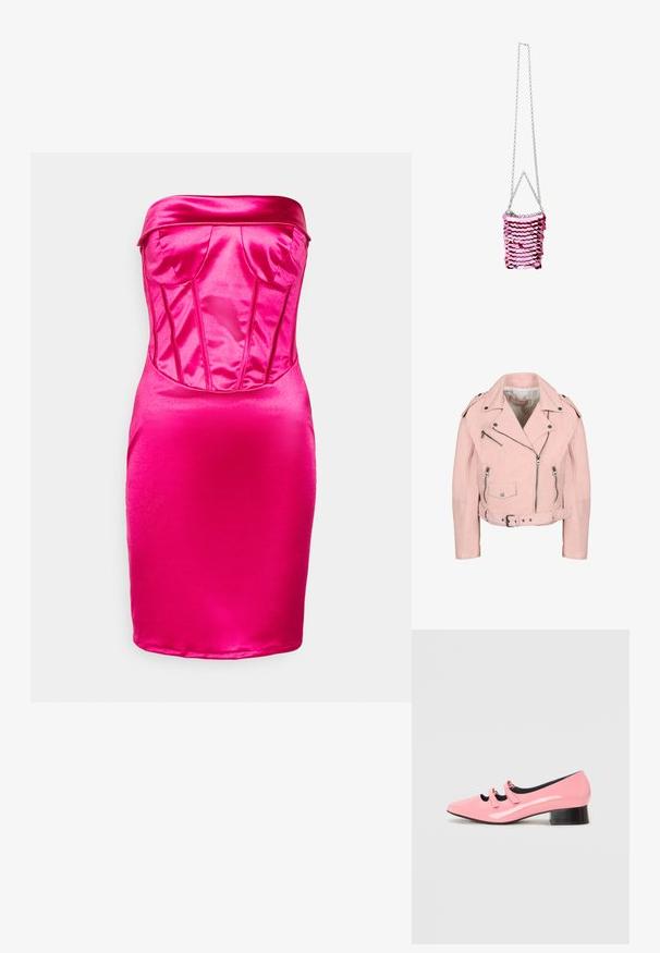 Lyserød kort bikerjakke med sølv lynlåse, trykknapper, bælte i taljen og skulderepauletter.; WAL G. MILLA CORSET - Cocktailkjole / festkjole - fuchsia; Rosa patenteret lædersko med spids tå og to dekorative remme. Har en sort lav blokhæl og en glat overfladetekstur.; Pailletteret håndtaske i rektangulær form med rosa og mørkerosa skalaer. Sølv kædeste, skinnende tekstur og ingen yderligere mønstre.