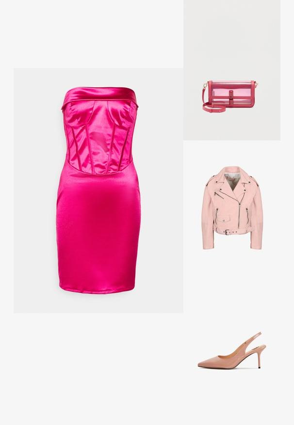 Lichtroze cropped bikerjack met zilveren ritsen, drukknopen, een riem in de taille en schouderepauletten.; WAL G. MILLA CORSET - Cocktailjurk - fuchsia; Roze patenten leren slingback schoen met een spitse neus en een 7,5 cm hoge stiletto hak. Heeft een ronde uitsnijding en minimale stiksels aan de zijkant.; Roze transparante rechthoekige schoudertas met klepsluiting en verstelbare riem, afgebeeld tegen een effen lichte achtergrond.