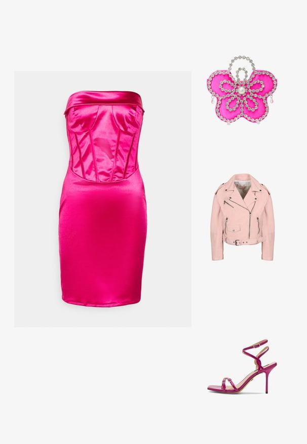 Lyserød kort bikerjakke med sølv lynlåse, trykknapper, bælte i taljen og skulderepauletter.; WAL G. MILLA CORSET - Cocktailkjole / festkjole - fuchsia; Skinnende fuchsia høje hæle sandal med tynde remme, to spænder over tæerne og ankelrem med lille sølvspænde.; Lyserød satin clutch formet som en blomst, prydet med klare rhinsten og en central perledetalje, med dråbeformede accenter.