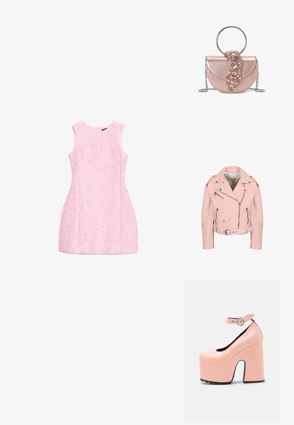 Chaqueta biker corta de color rosa claro con cremalleras plateadas, botones de presión, cinturón en la cintura y hombreras.; Vestido mini sin mangas de color rosa con textura, adornos sutiles brillantes y escote redondo, extendido sobre un fondo blanco.; LAMODA POWER TRIP CHUNKY PLATFORM - Tacones - pink; Bolso metálico rosa con forma semicircular, con un acento de joya y una correa de cadena plateada. Asa de metal circular en la parte superior.