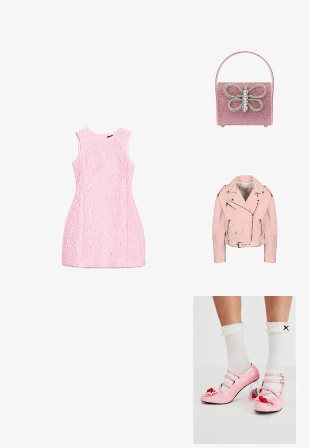 Lichtroze cropped bikerjack met zilveren ritsen, drukknopen, een riem in de taille en schouderepauletten.; Mouwloze roze mini-jurk met een gestructureerde stof en subtiele glinsterende versieringen, met een ronde halslijn, plat uitgestald op een witte achtergrond.; Roze gepatineerde leren hakken met een ronde neus, drie bandjes en kersenversieringen. Heldere blokhak met florale accenten. Witte geribbelde sokken.; Roze sprankelende handtas met een opvallend vlinderontwerp en strassteentjes, rechthoekige vorm en een platte handvat.