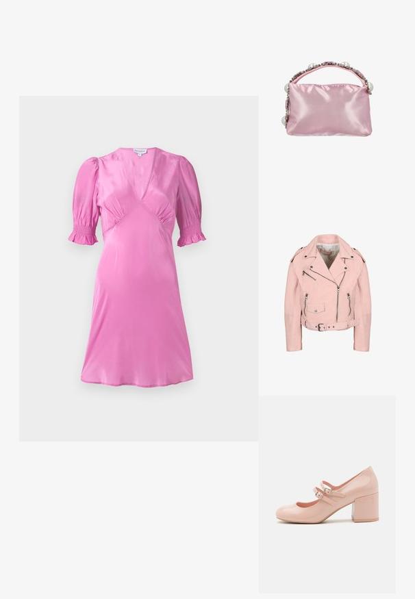 Lichtroze cropped bikerjack met zilveren ritsen, drukknopen, een riem in de taille en schouderepauletten.; Roze satijnen jurk met korte pofmouwen, een V-halslijn en geraffineerde details bij de buste en mouwranden. Gladde, glanzende textuur.; Roze gepatenteerde leren pumps met een ronde neus, twee verstelbare gespsluitingen en een chunky, transparante blokhak.; Roze satijnen handtas met een gestructureerde vorm, versierd met heldere en roze edelstenen en grote witte parels langs de bovenrand.