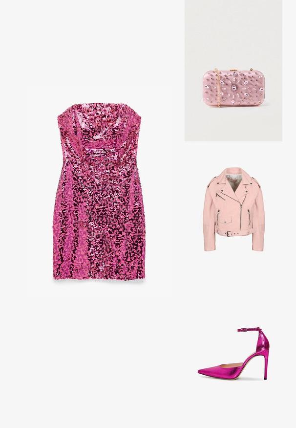 Chaqueta biker corta de color rosa claro con cremalleras plateadas, botones de presión, cinturón en la cintura y hombreras.; Vestido corto rosa sin tirantes cubierto de lentejuelas brillantes que crean una superficie texturizada y resplandeciente.; Zapato de tacón alto metálico rosa con punta afilada, correa en el tobillo y superficie texturizada. Presenta un tacón stiletto delgado y un interior suave.; Clutch de satén rosa con adornos de joyas, forma rectangular, cadena dorada y cierre de broche, con un diseño floral en strass.