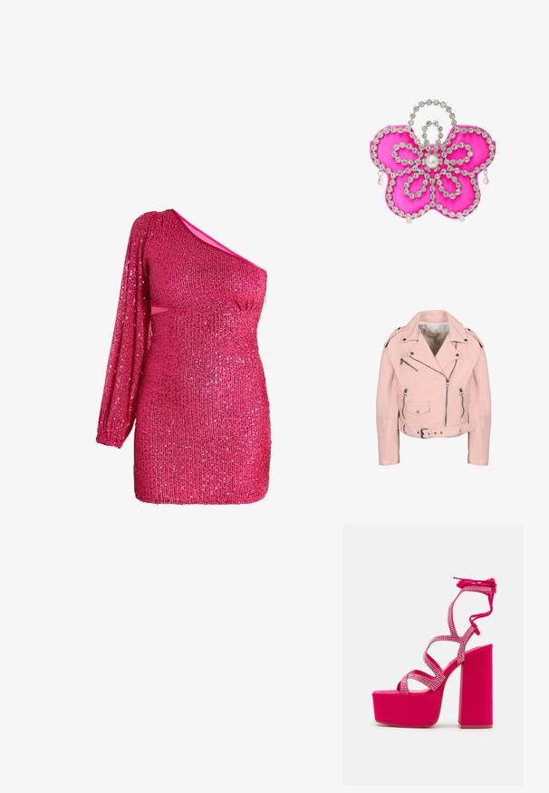 Hellrosa kurz geschnittene Bikerjacke mit silbernen Reißverschlüssen, Druckknöpfen, Gürtel in der Taille und Schulterpatten.; Ein-Schulter Hotpink-Minikleid mit langem Paillettenärmel und figurbetonter Silhouette, mit glitzerndem Stoff und Ausschnitt an der Taille.; Steve Madden CHAMPAGNE - Plateausandalette - pink; Rosa Satin-Clutch in Blumenform, verziert mit klaren Strasssteinen und einem zentralen Perlendetail, mit Tropfenakzenten.