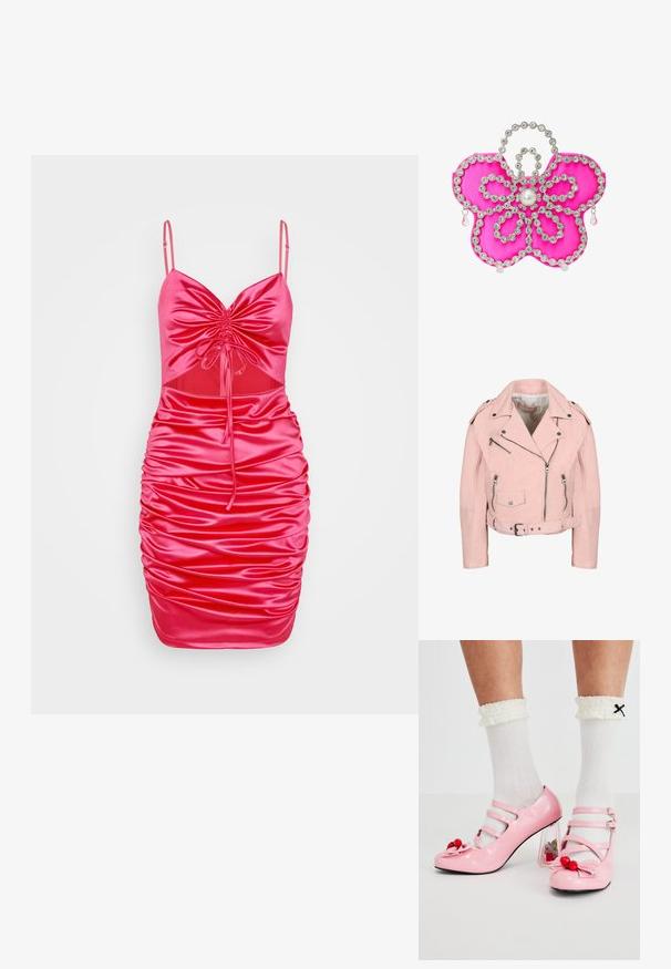Lichtroze cropped bikerjack met zilveren ritsen, drukknopen, een riem in de taille en schouderepauletten.; WAL G. ELLE CUT OUT MINI - Cocktailjurk - fuchsia; Roze gepatineerde leren hakken met een ronde neus, drie bandjes en kersenversieringen. Heldere blokhak met florale accenten. Witte geribbelde sokken.; Roze satijnen clutch in de vorm van een bloem, versierd met heldere rhinestones en een centrale pareldetail, met druppelaccenten.