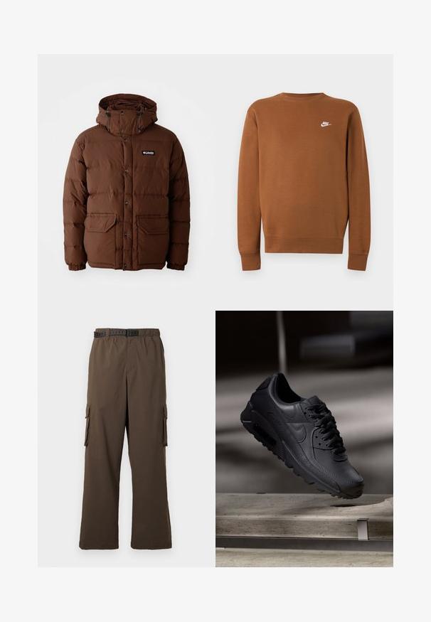 Bruine pufferjack met capuchon, voorzien van een ritssluiting, drukknopen en twee voorzakken. Gemaakt van gestikt, waterafstotend materiaal.; Bruine lange mouwen Nike sweater met ronde hals en klein wit logo op de linkerborst, afgebeeld op een effen lichtgrijze achtergrond.; Bruine cargobroek met een losse pasvorm, elastische tailleband en twee zijzakken. Voorzien van een zwarte riem met patroon, gladde textuur.; Zwarte Nike Air Max sneakers met een bovenwerk van gestructureerd leer, rubberen zool en een opvallend vetersysteem, dat een strakke, moderne uitstraling heeft.