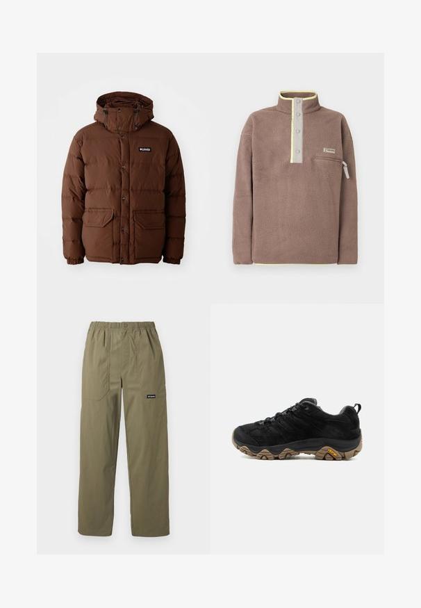 Brun pufferjakke med hætte, der har lynlås lukning, trykknapper og to forlommer. Fremstillet af quiltet, vandafvisende materiale.; Brun fleecepullover med knappelukning, lynlåslomme på brystet og lysegul kant ved krave og kant.; Olivengrønne bukser med lige ben, elastisk linning, foran påsyede lommer, knaplukning og Columbia-logo på højre lomme.; Sort vandrestøvle med robust brun Vibram-sål, mesh og ruskindsoverdel, snørelukning og bageste trækskinnel, vist fra ydersiden.