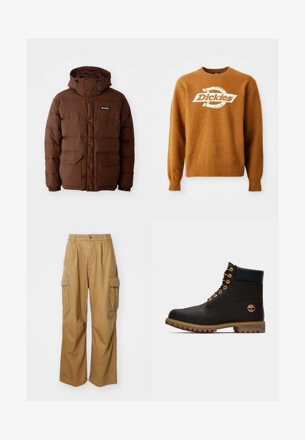 Brun pufferjakke med hætte, der har lynlås lukning, trykknapper og to forlommer. Fremstillet af quiltet, vandafvisende materiale.; Brun strikket sweater med et hvidt "Dickies" logo på fronten. Klassisk rund halsudskæring og ribbede manchetter og kant. Blød tekstur.; Tan cargo bukser med lige ben design, der har to sidelommer og knaplukning. Fremstillet af et blødt, holdbart stof.; Sorte læder ankelstøvle med gyldne øjer, brune detaljer og gummisål. Har en polstret krave og præget logo på siden.