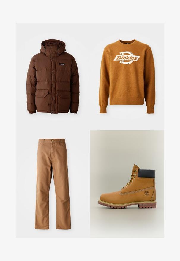 Braune Daunenjacke mit Kapuze, ausgestattet mit einem Reißverschluss, Druckknöpfen und zwei Fronttaschen. Hergestellt aus steppbarem, wasserabweisendem Material.; Brauner Strickpullover mit einem weißen "Dickies"-Logo auf der Vorderseite. Klassischer Rundhalsausschnitt und gerippte Bündchen sowie Saum. Weiche Textur.; Braune gerade geschnittene Hosen mit Gürtelschlaufen, Vordertaschen, Knopfverschluss und Reißverschluss vor einem weißen Hintergrund.; Brauner Leder-Stiefelette mit schwarzem Kragen, gelben Schnürsenkeln und hellbrauner Sohle. Verfügt über ein Logo und weiße Ziernähe. Robuste Profilsohle.