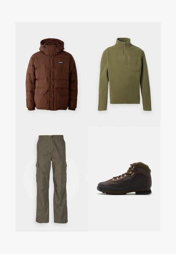 Brun pufferjakke med hætte, der har lynlås lukning, trykknapper og to forlommer. Fremstillet af quiltet, vandafvisende materiale.; Oliven grøn fleece-pullover med halvlukket krave, lange ærmer og en brystlomme. Blød tekstur med et holdbart design.; Olivenfarvede cargo bukser med lige snit, lavet af tekstureret stof. Har store sidelommer og knaplukning.; Brune læder vandrestøvle med grøn stofkrave. Har metal snørehuller, gummisål og struktureret sål til greb.