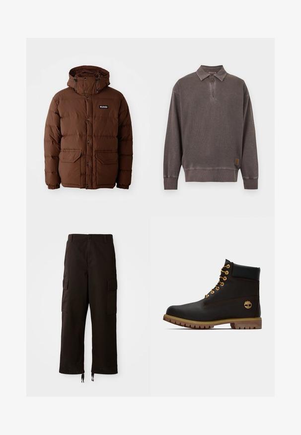 Καφέ φουσκωτό μπουφάν με κουκούλα, που διαθέτει φερμουάρ, κουμπιά με κουμπί και δύο μπροστινές τσέπες. Κατασκευασμένο από πτυχωτό, αδιάβροχο υλικό.; Μακρυμάνικο σκούρο γκρι πουλόβερ με φερμουάρ τετάρτου μήκους και γιακά, ριμπ μανσέτες και τελείωμα, και μικρό λογότυπο κοντά στο κάτω τελείωμα.; Μαύρο cargo παντελόνι με χαλαρή εφαρμογή, διαθέτοντας δύο πλαϊνές τσέπες, κλείσιμο με κουμπί και ρυθμιζόμενα κορδόνια στο στρίφωμα.; Μαύρη δερμάτινη αστράγαλοι μποτάκι με χρυσά μάτια, καφέ λεπτομέρειες και ελαστική σόλα. Διαθέτει επενδεδυμένο κολάρο και ανάγλυφο λογότυπο στη πλευρά.