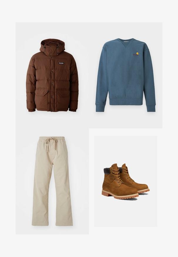 Brun pufferjakke med hætte, der har lynlås lukning, trykknapper og to forlommer. Fremstillet af quiltet, vandafvisende materiale.; Blå bomuldssweatshirt med ribstrikkede manchetter og kant, med en lille orange Carhartt-logo broderet på brystet. Simpelt design, rund hals.; Beige bomuldsbukser med elastisk talje og snoretræk. Lige ben-design, glat stof og ingen synlige mønstre eller detaljer.; Brune ruskinds ankelstøvler med en polstret sort krave, gyldne snørehuller og en tyk gummisål med en mønster, der giver godt greb.