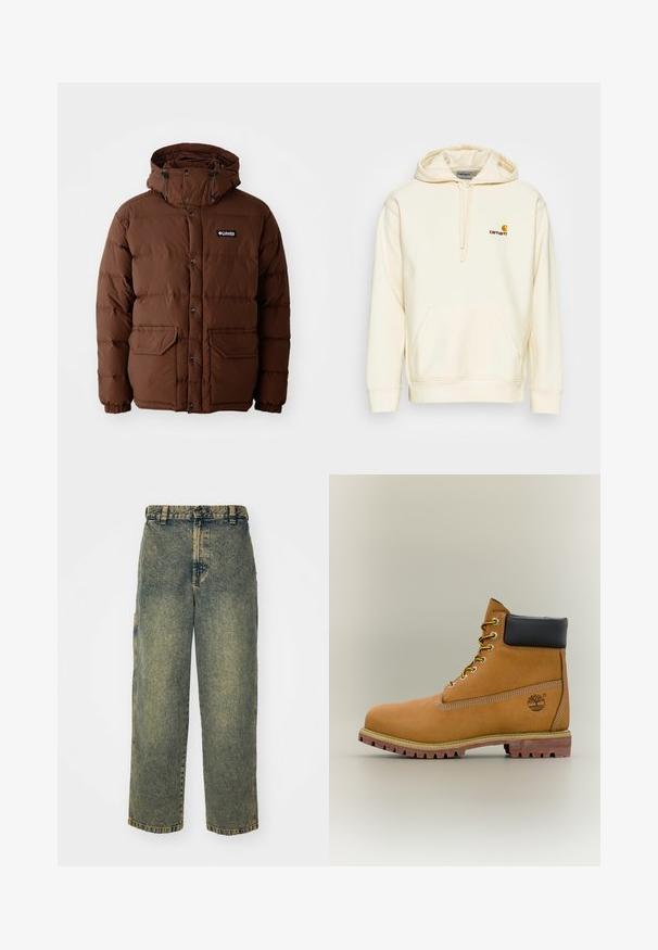 Brun pufferjakke med hætte, der har lynlås lukning, trykknapper og to forlommer. Fremstillet af quiltet, vandafvisende materiale.; Pullover hoodie i off-white bomuldsblanding. Har en forlomme, snøre i hætten og en broderet logo i brun og gul på brystet.; Slidse denim jeans i en falmet blå og grøn vask. Har en knaplukning, bælteløkker og sidelommer. Flad front og lige ben-design.; Brun læderankelstøvle med sort krave, gule snørebånd og tanfarvet sål. Har logo og hvide syninger som detalje. Robust ydersål med greb.