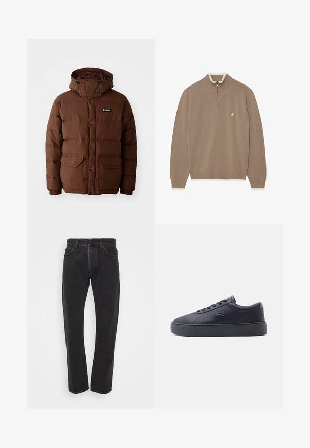 Braune Daunenjacke mit Kapuze, ausgestattet mit einem Reißverschluss, Druckknöpfen und zwei Fronttaschen. Hergestellt aus steppbarem, wasserabweisendem Material.; Pier One Strickpullover - 704 - beige; Schwarze gerade geschnittene Jeans für Herren mit vorderem Knopf und Reißverschluss, fünf Taschen und Gürtelschlaufen auf einem schlichten weißen Hintergrund.; Schwarzer Leder-Sneaker mit niedrigem Schaft, dicker Sohle, Schnürung vorne und Krokodil-Logo an der Seite, von der Außenseite gezeigt.