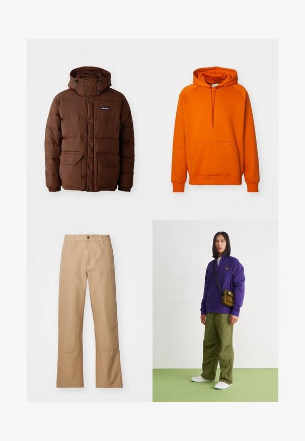 Chaqueta de plumón marrón con capucha, que cuenta con cierre de cremallera, botones a presión y dos bolsillos frontales. Fabricada con material acolchado y resistente al agua.; Sudadera naranja con un bolsillo canguro frontal, capucha con cordón y puños acanalados. Fabricada con un tejido suave y de textura lisa.; Pantalones de pierna ancha beige hechos de lona, con bolsillos frontales, detalles en dorado y un diseño de frente plano.; Jordan AIR JORDAN 1 ZM CMFT 2 - Zapatillas altas - summit white/bicoastal/oxidized green