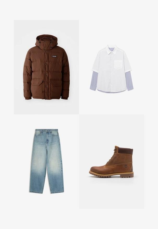 Braune Daunenjacke mit Kapuze, ausgestattet mit einem Reißverschluss, Druckknöpfen und zwei Fronttaschen. Hergestellt aus steppbarem, wasserabweisendem Material.; Weißes kurzärmeliges Hemd über einem blau-weiß gestreiften langärmeligen Hemd mit geknöpften Manschetten und Fronttasche auf der Brust.; Hellblaue Jeans mit weitem Bein, vorderen Taschen, Knopfverschluss und ausgewaschenen Bereichen an Oberschenkeln und Knien.; Braune Lederwanderschuhe mit glatter Oberfläche, gepolstertem Knöchel, Metallösen und einer Gummisohle mit robustem Profil.