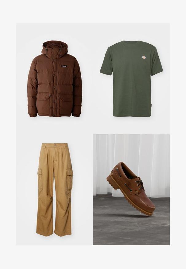 Braune Daunenjacke mit Kapuze, ausgestattet mit einem Reißverschluss, Druckknöpfen und zwei Fronttaschen. Hergestellt aus steppbarem, wasserabweisendem Material.; Olivgrünes Baumwoll-T-Shirt mit Rundhalsausschnitt, kurzen Ärmeln und einem kleinen, farbigen Logo auf der Brust. Glatte Textur, lässiges Design.; Beige Cargo-Hosen mit geradem Beinschnitt, ausgestattet mit zwei Seitentaschen und einem Knopfverschluss. Hergestellt aus einem weichen, strapazierfähigen Stoff.; Brauner Leder-Bootsschuh mit schwarzen Schnürsenkeln, beigen Nähten und einer robusten Sohle, schwebt über einem grauen Betonboden.