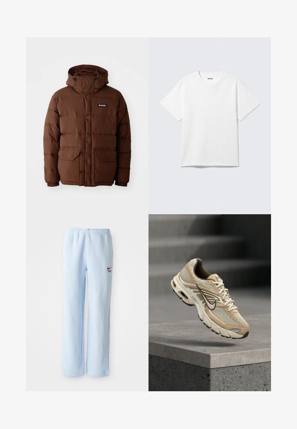 Braune Daunenjacke mit Kapuze, ausgestattet mit einem Reißverschluss, Druckknöpfen und zwei Fronttaschen. Hergestellt aus steppbarem, wasserabweisendem Material.; Weißes T-Shirt mit kurzen Ärmeln und Rundhalsausschnitt, flach liegend, schlichtes Design, mit „WEEKDAY“-Etikett innen im Kragen auf hellem Hintergrund.; Hellblaue Sweatpants mit einem elastischen Bund, ausgestattet mit einem kleinen roten Nike-Logo und dem Text "Athletic Department". Aus weichem Baumwollmaterial.; Beiger und weißer Nike Laufschuh mit Mesh-Paneelen und schwarzem Swoosh, schwebt über einem Betonsims mit unscharfen Treppen im Hintergrund.