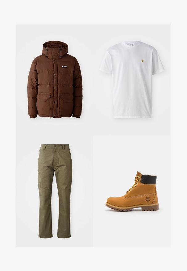 Brun pufferjakke med hætte, der har lynlås lukning, trykknapper og to forlommer. Fremstillet af quiltet, vandafvisende materiale.; Hvid bomulds t-shirt med korte ærmer, rund hals og et lille guld logo på venstre brystområde. Blød tekstur og almindelig pasform.; Khaki cargo bukser lavet af slidstærkt bomuldsstof, med sidelommer, lige ben og lynlåsåbning med knaplukning.; Brune læder ankelstøvle med metaløjer, hvid pelsforing, sort polstret krave, robust sål og præget logo på siden.