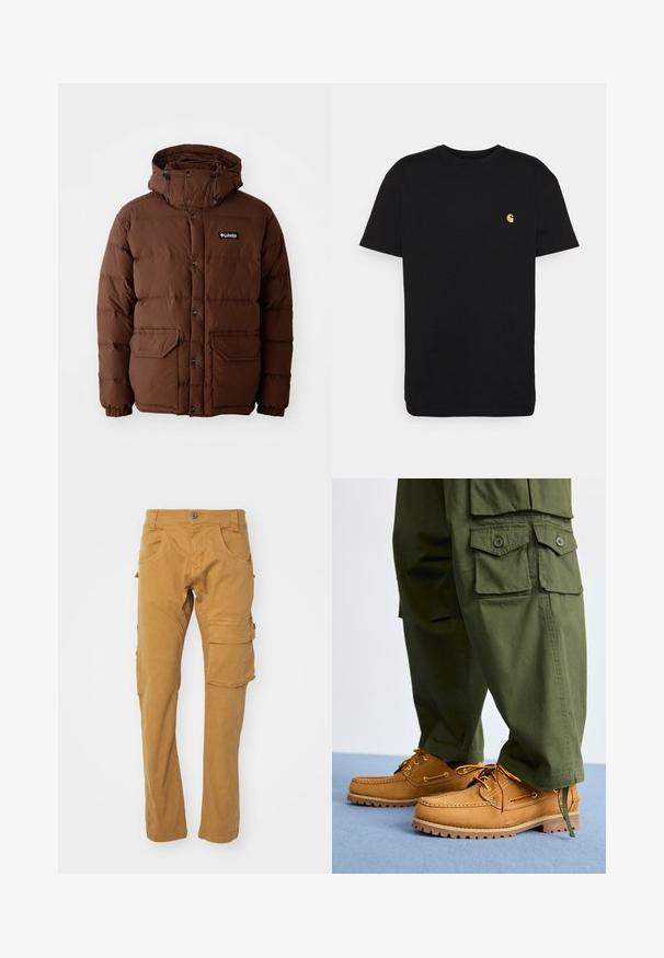 Brun pufferjakke med hætte, der har lynlås lukning, trykknapper og to forlommer. Fremstillet af quiltet, vandafvisende materiale.; Sort bomulds t-shirt med korte ærmer, rund halsudskæring og et lille gult logo på venstre brystområde. Enkel design og almindelig pasform.; Cargo bukser i en tan farve, lavet af blød bomuld, med flere lommer, lige ben og en knaplukning. Ensartet tekstur.; Timberland AUTHENTIC 3 EYE - Sejlersko - wheat