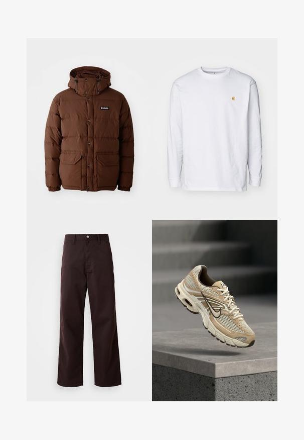 Brun pufferjakke med hætte, der har lynlås lukning, trykknapper og to forlommer. Fremstillet af quiltet, vandafvisende materiale.; Hvid langærmet t-shirt lavet af bomuld. Har et lille gyldent logo på brystet og en rund halsudskæring. Enkel design og standard pasform.; Mørkebrune brede bukser lavet af robust bomuldsstof, med frontlukning med knap og to sidelommer. Glat tekstur, klassisk design.; Beige og hvid Nike løbesko med mesh paneler og sort swoosh, der svæver over en betonkant med slørede trapper i baggrunden.
