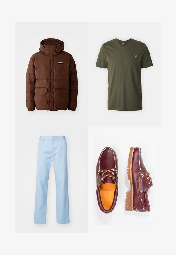 Brun pufferjakke med hætte, der har lynlås lukning, trykknapper og to forlommer. Fremstillet af quiltet, vandafvisende materiale.; Lyle & Scott V NECK - T-shirts basic - olive; Lyseblå lige bukser lavet af en blanding af bomuldsstof. Har en flad frontlinning, sidelommer og ingen synlige mønstre eller udsmykninger.; Bordeaux lædersko med brune gummisåler, rund tå, hvid syning og gyldne snøringer. Indersiden har et gult for.
