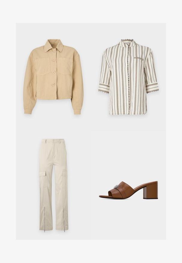 Chaqueta corta beige hecha de tela acanalada, con un cuello puntiagudo, mangas largas y dos bolsillos frontales con botones redondos.; Camisa ligera de color crema con rayas verticales marrones, cuello mandarín, mangas cortas y acentos decorativos de botones a lo largo de la tapeta.; Pantalones cargo beiges con un ajuste holgado, que presentan bolsillos laterales, puños con cremalleras y una textura suave. La tela es ligera y duradera.; Mule abierto de cuero marrón con hebilla cuadrada plateada y tacón bloque medio grueso sobre fondo blanco liso.