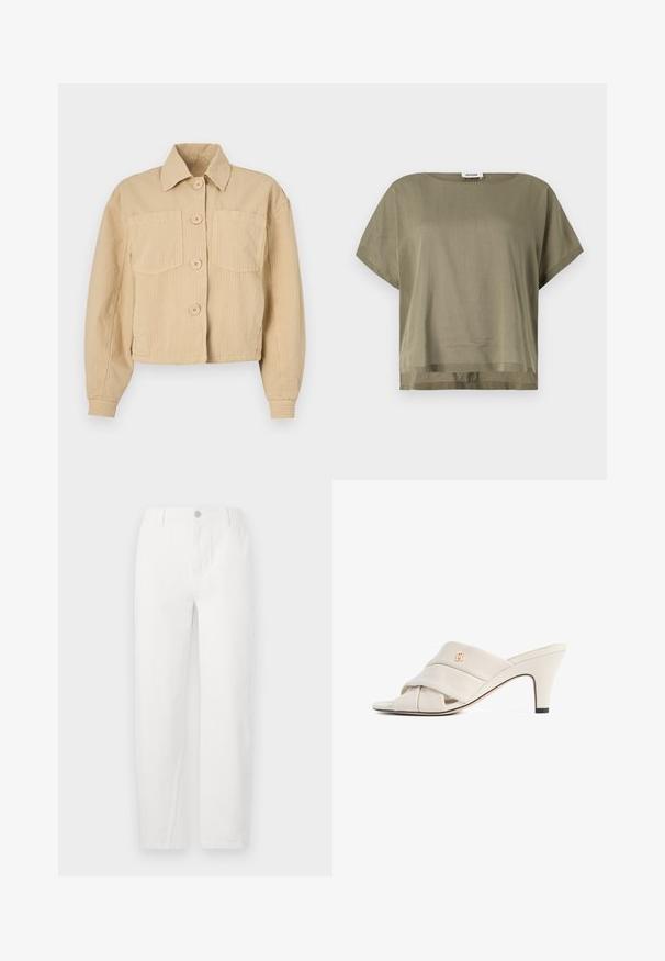 Beige cropped blazer van ribstof, met een puntige kraag, lange mouwen en twee voorzakken met ronde knopen.; Olivengroene, korteblousetop gemaakt van lichtgewicht stof, met een losvallende pasvorm en een rechte zoom. Minimalistisch ontwerp met een ronde halslijn.; Witte recht gesneden jeans van denim, met een knoopsluiting, twee voorzakken en schone naden. Eenvoudig ontwerp zonder zichtbare patronen.; Beige hoge hakken mules met een gedraaide lederen band, open teen en een reliëf logo-accent. De hak heeft een zwarte puntdetail.