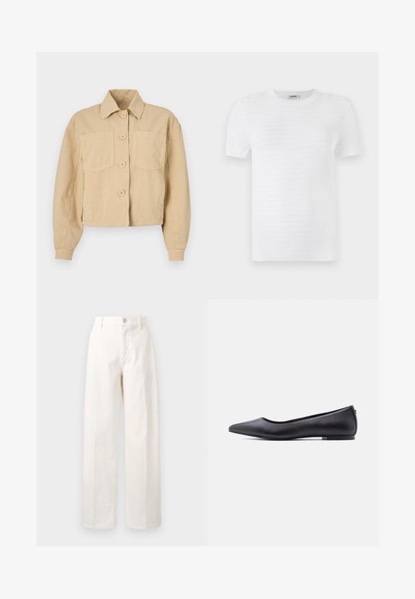 Beige cropped jakke lavet af ribbet stof, med spids krave, lange ærmer og to forlommer med runde knapper.; Hvid kortærmet t-shirt lavet af struktureret stof med et ribbet mønster. Designet har en rund udskæring og en lige pasform.; Hvide bukser med vidde lavet af bomuld, med knaplukning foran, bæltestropper og lige pasform uden synlige mønstre.; Sort flad lædersko med spidst tåparti og lav hæl, vist i sideprofil mod en hvid baggrund.