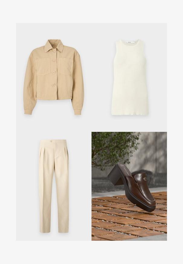 Beige cropped jakke lavet af ribbet stof, med spids krave, lange ærmer og to forlommer med runde knapper.; Udenærmet cremet top lavet af ribbet stof, med rund halsudskæring og tætsiddende design. Ingen synlige mønstre eller accenter.; Beige, højtaljede bukser med frontfolder, enkelt knaplukning og lige ben. Fremstillet af et struktureret, vævet stof.; Brun læder Calvin Klein hæl mule svævende over trægulv med en sløret grøn plante og væg baggrund.