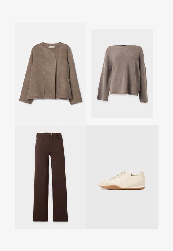 Vanessa Bruno CHANN - Veste légère - taupe; Pull en maille marron à manches longues avec un large col bateau et une coupe légèrement ample et carrée sur un fond uni clair.; Jean droit marron foncé avec fermeture devant par bouton et zip, passants pour ceinture, poches avant et arrière sur un fond clair.; Baskets beige clair avec une tige en cuir texturé, des panneaux latéraux texturés et une semelle en caoutchouc. Dotées d'un design fin et épuré ainsi que de lacets plats.