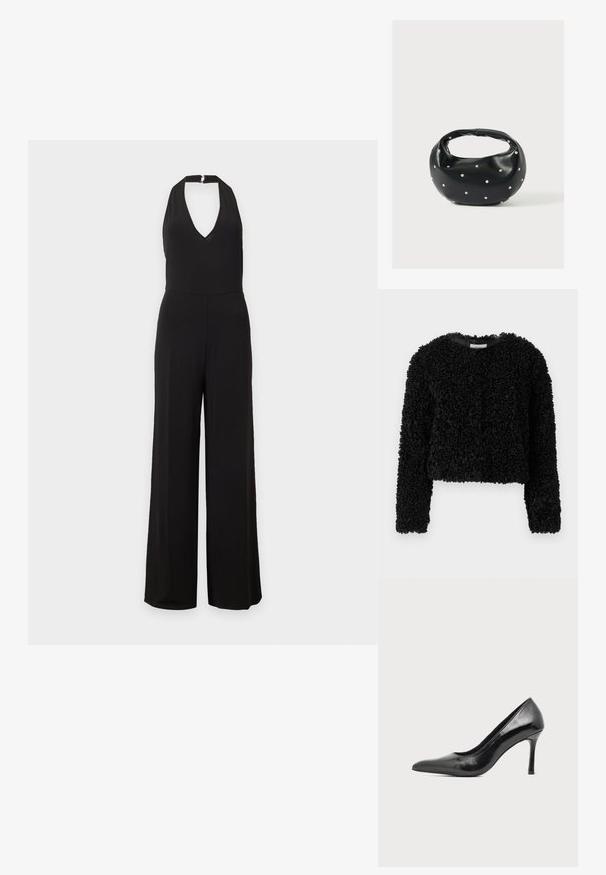 Suéter negro corto hecho de un tejido texturizado con un acabado peludo. Mangas largas y un escote redondo, ofreciendo un aspecto suave y cálido.; Mono negro sin mangas con cuello halter en V profunda y pantalones de pierna ancha sobre fondo liso claro.; Zapato de tacón alto de mujer en piel negra patentada, con punta puntiaguda y tacón delgado, sobre un fondo claro y liso.; Bolso de mano de cuero negro con forma redondeada, decorado con detalles de tachuelas plateadas y un asa corta. Textura lisa y cierre con cremallera.