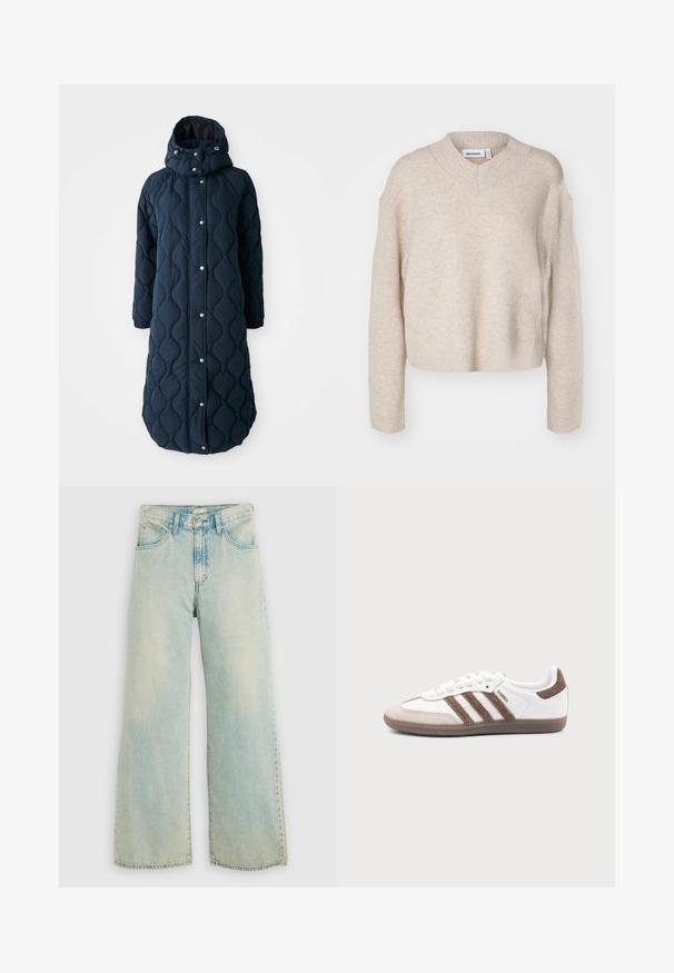 Gesteppt, dunkelblauer langer Mantel mit Kapuze, ausgestattet mit Druckknöpfen, elastischen Bündchen und einer gemusterten Textur für zusätzliche Wärme.; Weekday REESE V NECK - Strickpullover - light mole; Hellblaue Denim-Weitbein-Jeans mit hoher Taille, verwaschenem Finish, Fünf-Taschen-Design und gerade geschnittenen Beinen mit rohem Saum.; Weißer Adidas Samba Sneaker mit braunen Wildlederstreifen, brauner Gummisohle und beiger Wildlederkappe, von der Außenseite auf schlichtem Hintergrund gezeigt.