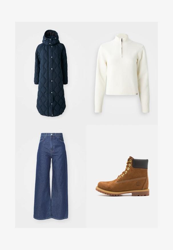 Gesteppt, dunkelblauer langer Mantel mit Kapuze, ausgestattet mit Druckknöpfen, elastischen Bündchen und einer gemusterten Textur für zusätzliche Wärme.; Weißer Sweater mit Reißverschluss am Hals und langen Ärmeln. Aus weichem Strickmaterial gefertigt, mit gerippten Bündchen und Saum. Dezentes Markenlogo am Saum.; Hellebeinsjeans aus dunkelblauem Denim. Hohe Taille mit Reißverschluss und Knopfverschluss. Klassische Fünf-Taschen-Optik und gesäumte Kanten.; Braune Wildleder-Stiefelette mit schwarzem gepolstertem Kragen, goldenen Ösen, Schnürung an der Vorderseite und Gummisohle mit strukturiertem Muster.