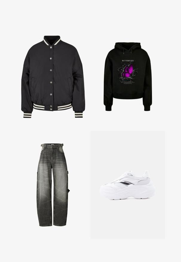 Sort bomberjakke med hvide striber i ribkant ved kraven og mancherne. Har trykknapper og sidelommer, designet med en struktureret pasform.; Sort cropped hoodie med et stort grafisk motiv af en lilla sommerfugl og hvid tekst med et citat. Blødt stof, ribbede manschetter og kantdetaljer.; Sorte jeans med vide ben, høj talje, forlommer og bæltestropper, med en lomme detalje på højre ben.; Hvid chunky sneaker med mesh og læder øvre, tyk sål, metalisk sølvdetalje og "Karl Lagerfeld" branding på siden.