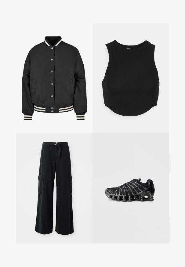 Sort bomberjakke med hvide striber i ribkant ved kraven og mancherne. Har trykknapper og sidelommer, designet med en struktureret pasform.; Sort ribbet crop top med høj hals og ærmeløs design. Blød tekstur med tætsiddende pasform og let buet kant.; Sorte bredbenede cargo-bukser lavet af bomuld med et bånd, der kan bindes, og som har to sidelommer samt en glat stofstruktur.; Sort sportssko med en tekstureret mesh-overdel og en karakteristisk klodset sål med afrundede sektioner. Snørebånd og forstærket hæl for støtte.