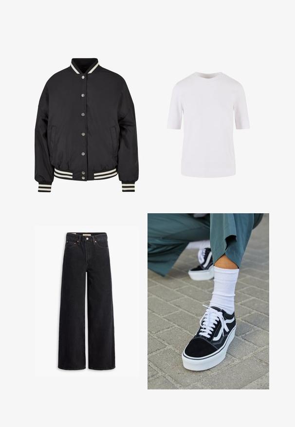 Sort bomberjakke med hvide striber i ribkant ved kraven og mancherne. Har trykknapper og sidelommer, designet med en struktureret pasform.; Hvid T-shirt med korte ærmer lavet af glat bomuld. Har en rund halsudskæring og lige snit, uden mønstre eller udsmykninger.; Sorte brede benjeans lavet af denim, med fem lommer, kobbernitter og en klassisk knaplukning. Glat tekstur med et rent design.; Sorte ruskinds sneakers med hvide accenter og snørebånd, der har en tyk hvid sål og kontrasterende syninger, parret med en hvid sok.
