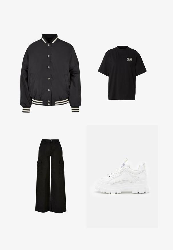 Chaqueta bomber negra con cuello y puños de canalé a rayas blancas. Presenta botones de presión y bolsillos laterales, diseñada con un ajuste estructurado.; Camiseta negra de gran tamaño con mangas cortas, cuello redondo y logotipo blanco "PGDR" en la parte superior izquierda del pecho.; Pantalones cargo negros de pierna ancha con cintura alta, botón delantero, cremallera, trabillas para cinturón y bolsillos con solapa en ambos muslos.; Zapatillas deportivas blancas y gruesas con un revestimiento texturizado, cuello acolchado y suela gruesa y estriada. Presentan cordones negros en contraste y un detalle de marca.