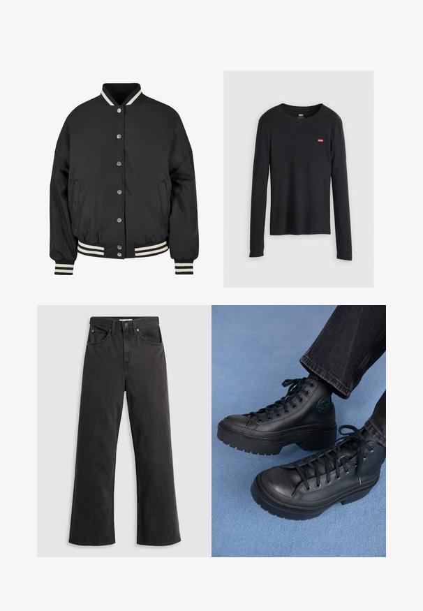 Chaqueta bomber negra con cuello y puños de canalé a rayas blancas. Presenta botones de presión y bolsillos laterales, diseñada con un ajuste estructurado.; Camisa negra de manga larga de algodón, con cuello redondo y un pequeño logo rojo de Levi's en el lado izquierdo del pecho. Tejido texturizado.; Jeans de mezclilla negra de pierna ancha con cintura alta, cinco bolsillos y cierre de botón metálico. La tela tiene una textura suave y ligeramente desvaída.; Zapatillas altas negras de cuero liso, con puntera redonda, suela de goma gruesa y cordones negros. Parche con logotipo en el lateral.