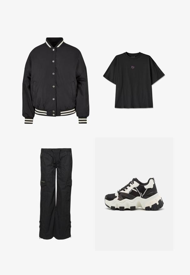 Chaqueta bomber negra con cuello y puños de canalé a rayas blancas. Presenta botones de presión y bolsillos laterales, diseñada con un ajuste estructurado.; Camiseta oversized negra de algodón. Presenta un cuello redondo y mangas cortas. Incluye un pequeño logo morado en la parte delantera.; Pantalones cargo negros hechos de tejido liviano. Cuentan con una cintura elástica, múltiples bolsillos y cremalleras en el dobladillo. Acabado texturizado.; Zapatillas chunky con una parte superior de malla negra, acentos sintéticos blancos y una suela blanca gruesa con banda de rodadura de goma negra.
