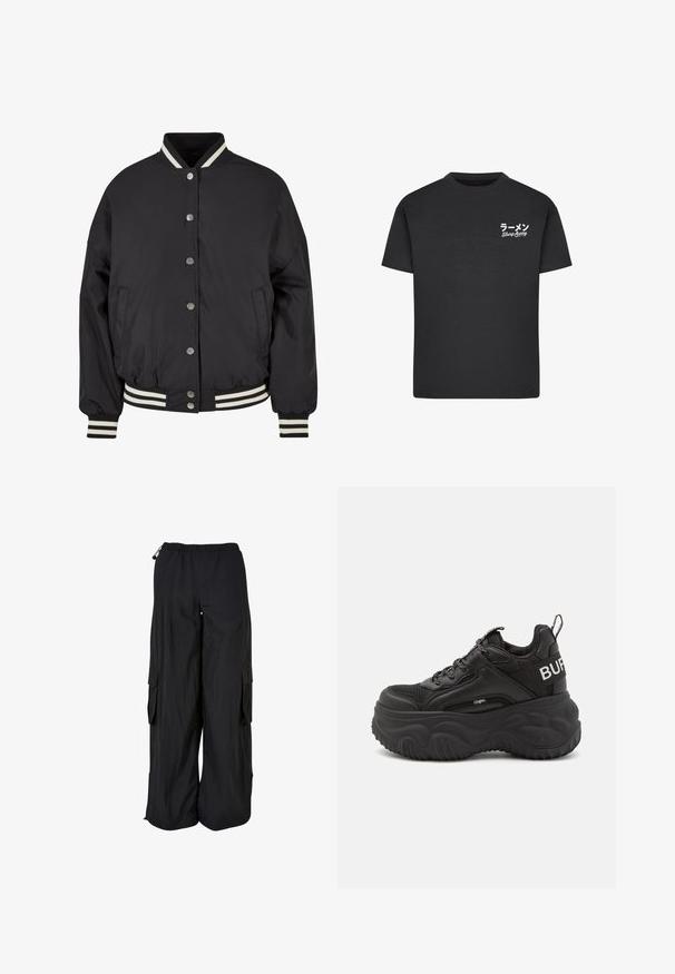Chaqueta bomber negra con cuello y puños de canalé a rayas blancas. Presenta botones de presión y bolsillos laterales, diseñada con un ajuste estructurado.; Camiseta de algodón negra con cuello redondo. Presenta texto en blanco, incluyendo caracteres japoneses y "Slurp Away", en el área del pecho izquierdo.; Pantalones cargo negros de pierna ancha con cintura elástica, bolsillos laterales con solapa y cordones ajustables en la cintura y el dobladillo.; Zapatillas deportivas gruesas de color negro con parte superior de malla y cuero, suela de goma gruesa y una marcada marca en el costado. Incluyen cordones y una lengüeta.