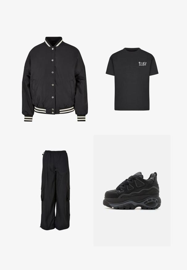 Sort bomberjakke med hvide striber i ribkant ved kraven og mancherne. Har trykknapper og sidelommer, designet med en struktureret pasform.; Sort bomulds T-shirt med rund hals. Har hvid tekst, inklusive japanske tegn og "Slurp Away," på venstre brystområde.; Svarte cargobukser med vidde ben, elastisk talje, sidelommer med klap og justerbare snore i talje og forneden.; Buffalo Skatesko - black