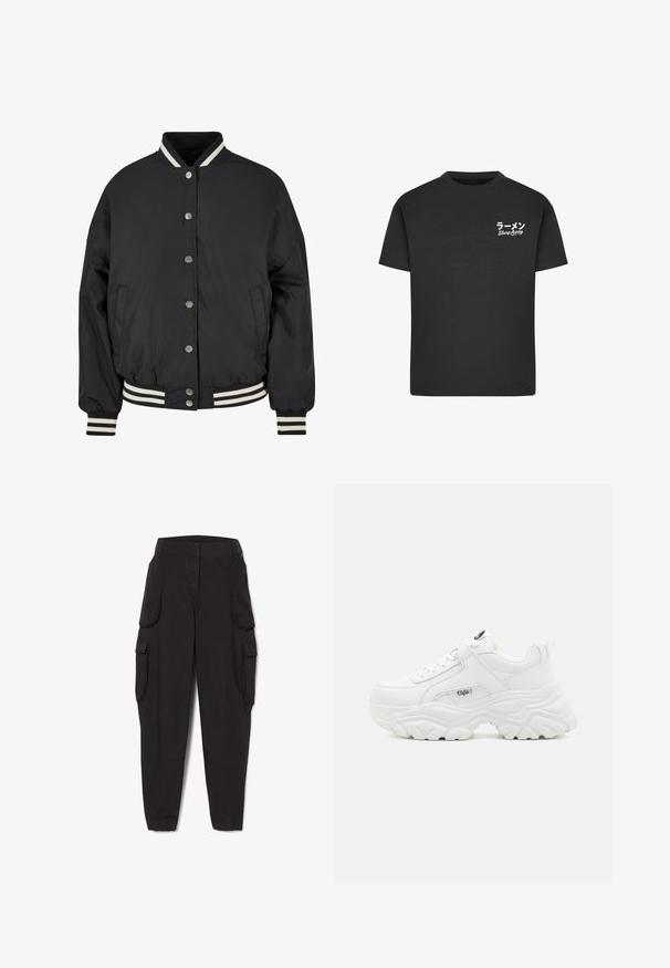 Sort bomberjakke med hvide striber i ribkant ved kraven og mancherne. Har trykknapper og sidelommer, designet med en struktureret pasform.; Sort bomulds T-shirt med rund hals. Har hvid tekst, inklusive japanske tegn og "Slurp Away," på venstre brystområde.; Sorte cargobukser med elastiske manchetter og flere klaplommer på siderne, designet til afslappet eller praktisk brug.; Hvide chunky sneakers med en glat læderoverdel, rund tå og tyk tekstureret sål med et synligt brandlogo på siden.