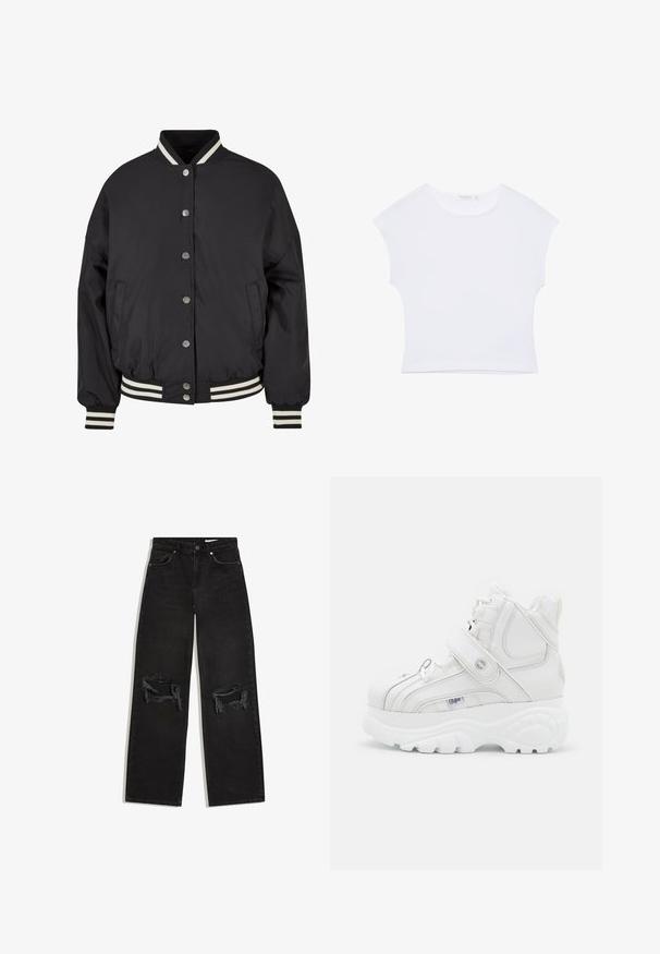 Sort bomberjakke med hvide striber i ribkant ved kraven og mancherne. Har trykknapper og sidelommer, designet med en struktureret pasform.; Hvid kortærmet cropped T-shirt med rund halsudskæring, lavet af glat stof, lagt fladt på en hvid baggrund.; Svarte denim jeans med lige ben og slidte revner ved begge knæ, forlommer og knaplukning i taljen.; Hvide high-top sneakers lavet af læder, med en spænde-rem, rund tå, tyk sål og vertikale syninger.