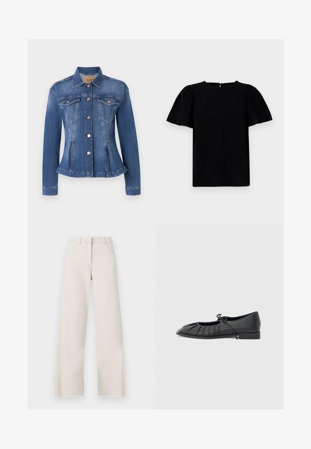 Veste en denim bleu moyen avec une taille cintrée, deux poches poitrine, boutons cuivrés et un col pointu. Accents déchirés près des ourlets.; Blouse noire à manches courtes avec des manches bouffantes, col rond et fermeture en forme de clé dans le dos. Fabriquée dans un tissu lisse et texturé.; Jeans larges en coton crème avec taille haute, cinq poches et ourlet effiloché. Texture lisse et couleur neutre.; Chaussure plate noire avec design plissé à l'avant et un nœud noué sur le dessus, petit talon, et texture lisse sur un fond gris clair.