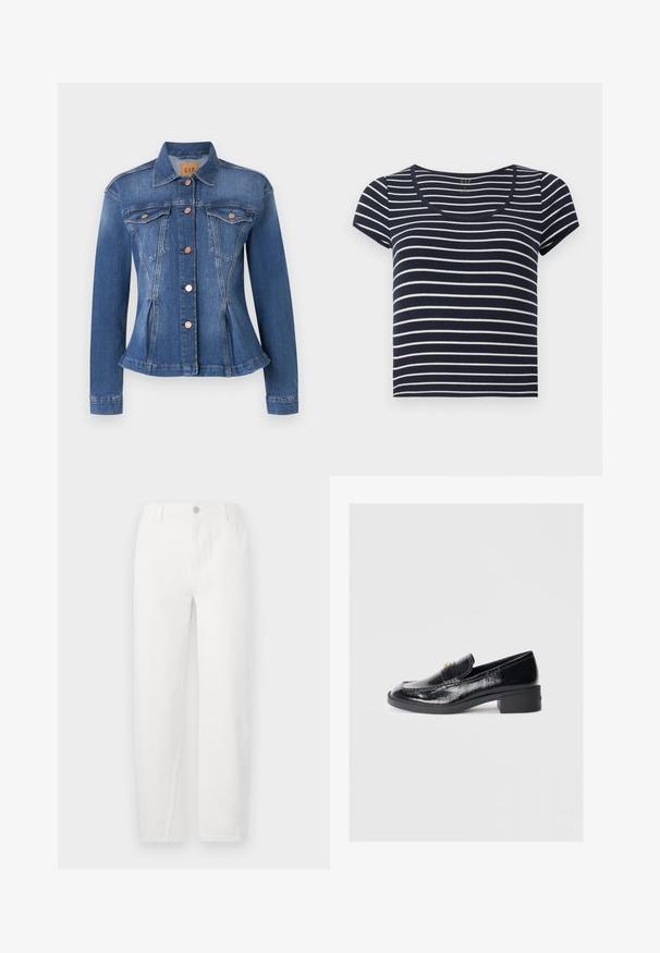Veste en denim bleu moyen avec une taille cintrée, deux poches poitrine, boutons cuivrés et un col pointu. Accents déchirés près des ourlets.; T-shirt à manches courtes rayé bleu marine et blanc avec un décolleté en scoop. Fabriqué en tissu doux, avec des rayures horizontales uniformes de largeurs variées.; Jeans droits blancs en denim, dotés d'une fermeture à bouton, de deux poches avant et de coutures propres. Design simple sans motifs visibles.; Mocassins en cuir verni noir à petit talon bloc, dotés d'un design cousu et d'accents décoratifs dorés sur le dessus.